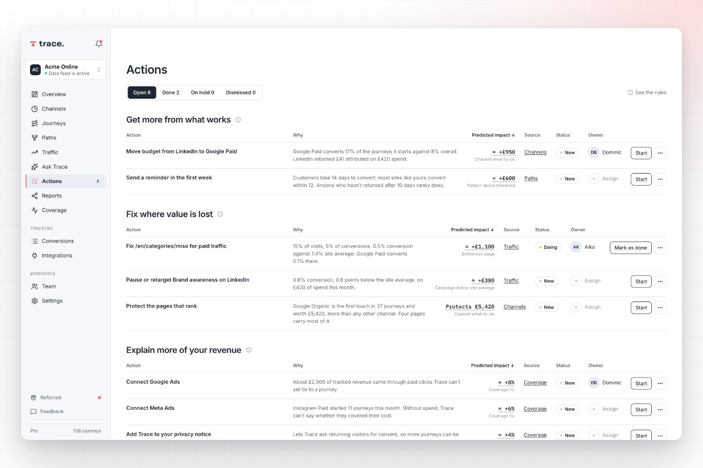 Actions screenshot, in Trace