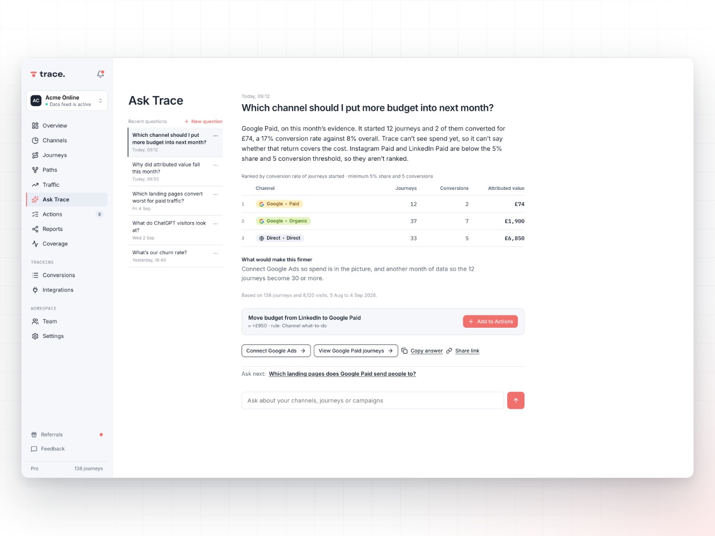 Ask Trace, a question with ranked touchpoints and a confidence pill, in Trace
