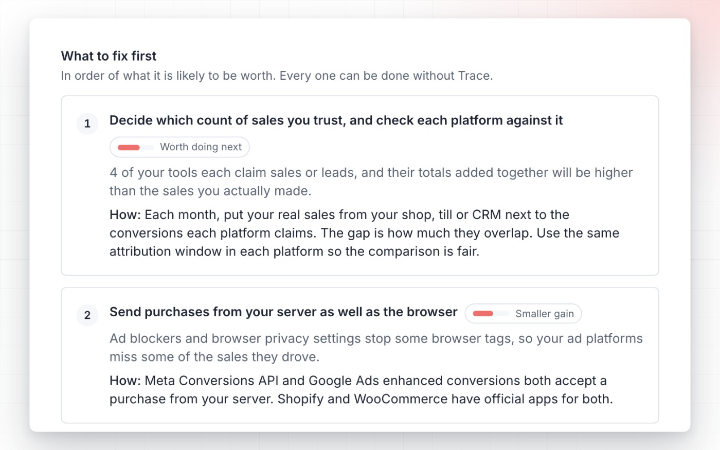 The fixes listed in a sample attribution audit report