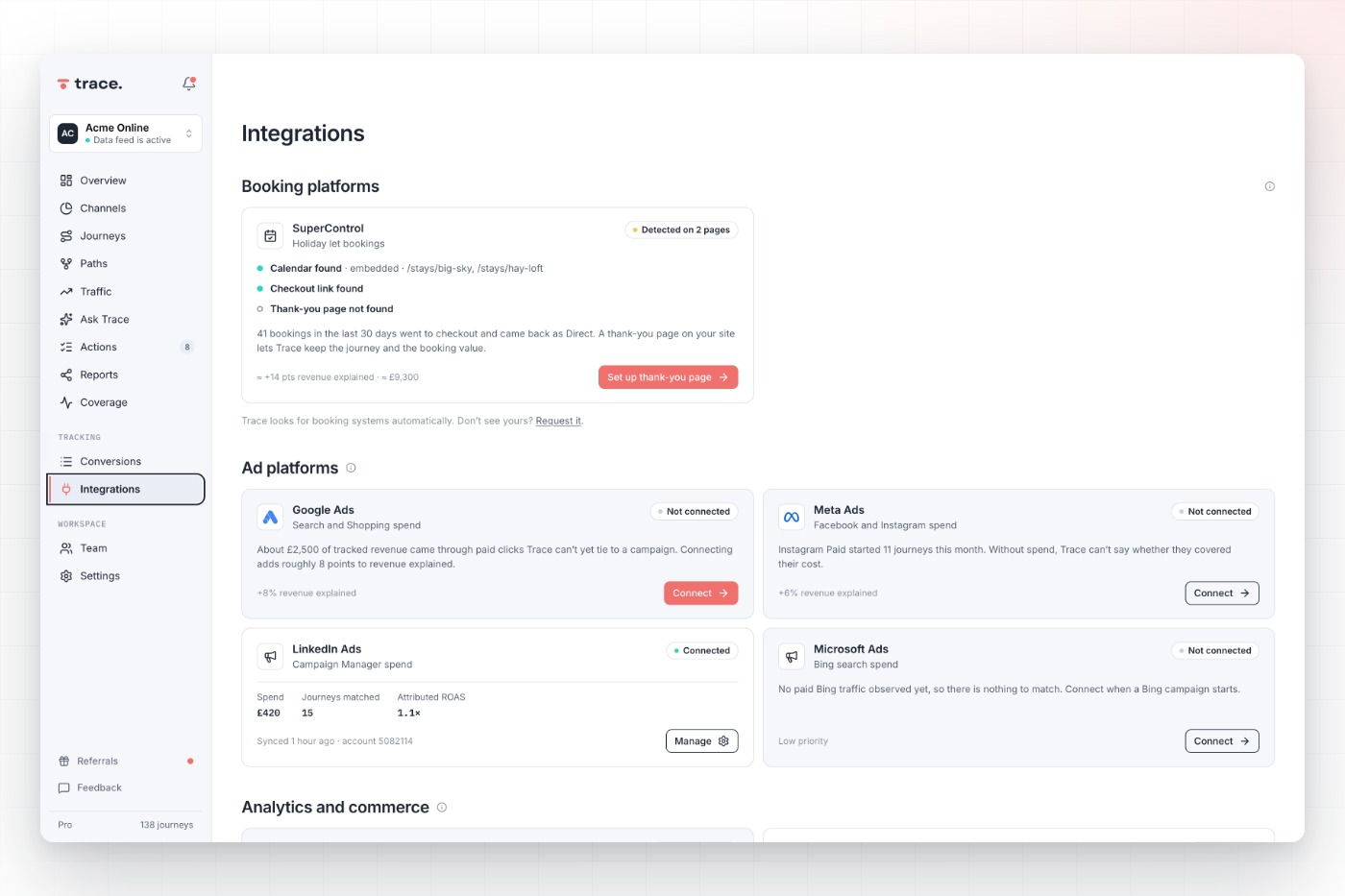 Integrations screenshot, in Trace