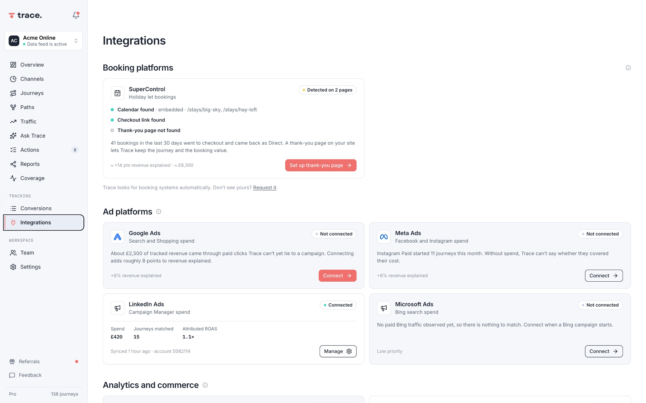 Integrations: store, ad platforms, CRM and consent tool connected, in Trace