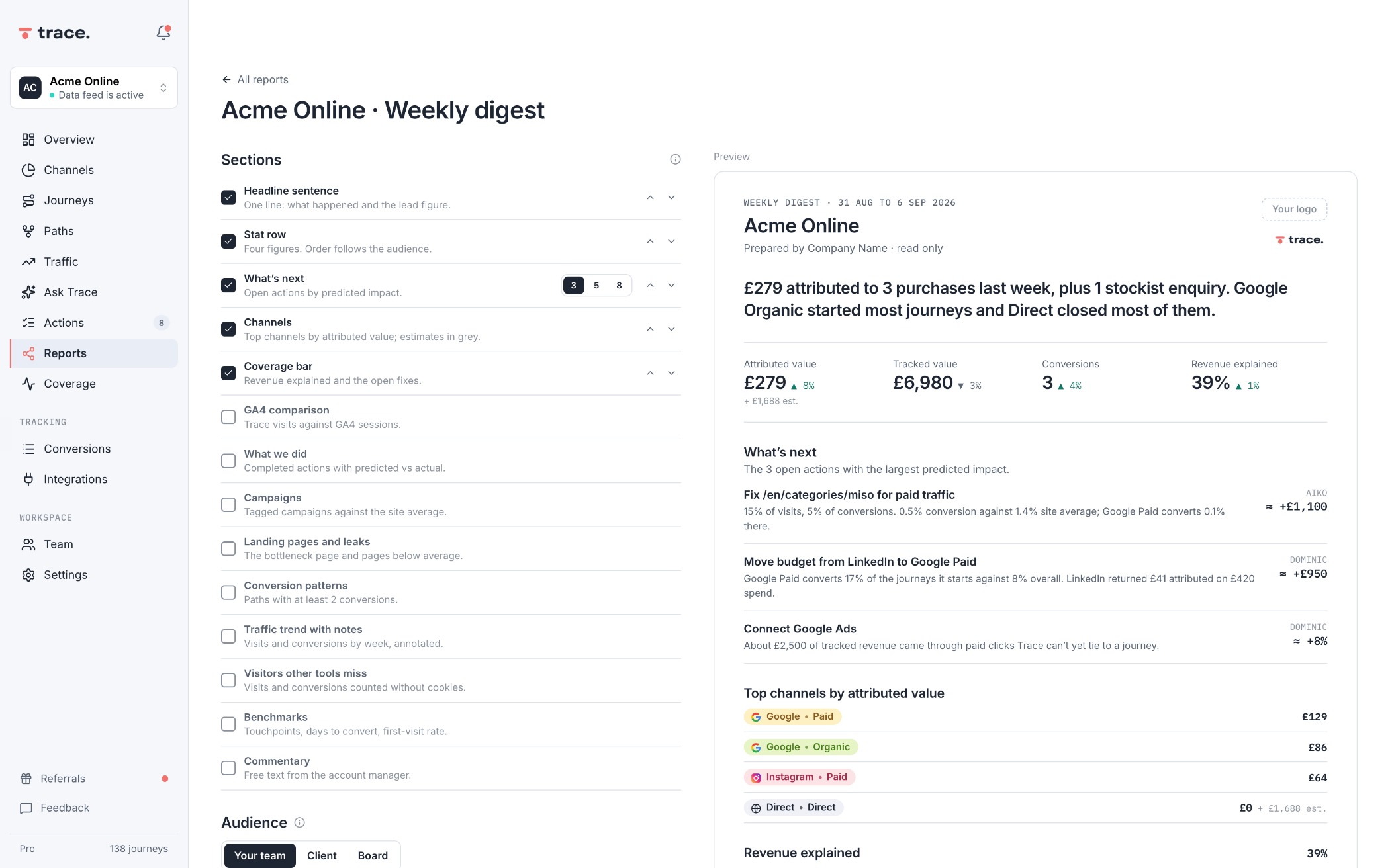 Report builder with a scheduled monthly send, in Trace