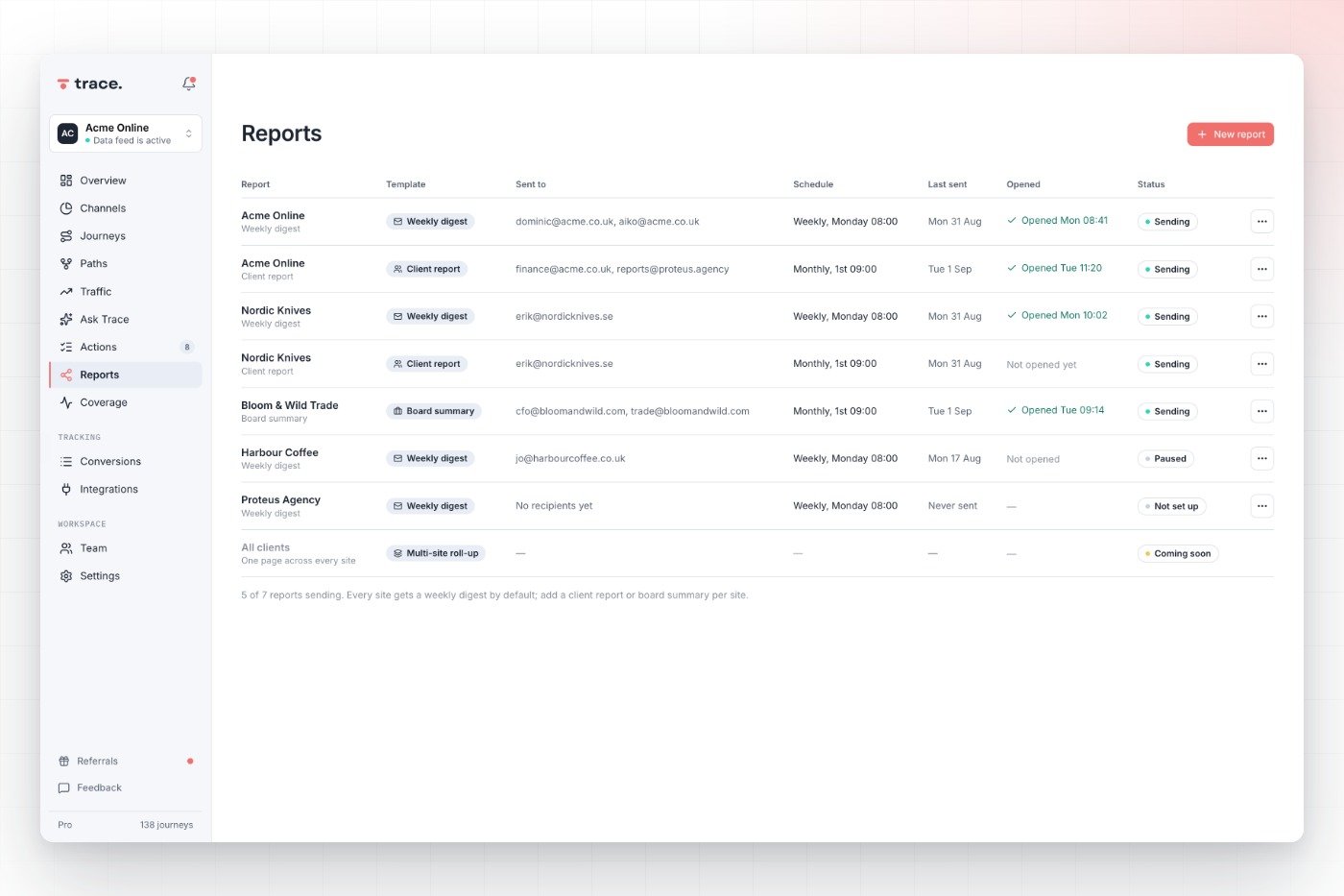 Reports screenshot, in Trace